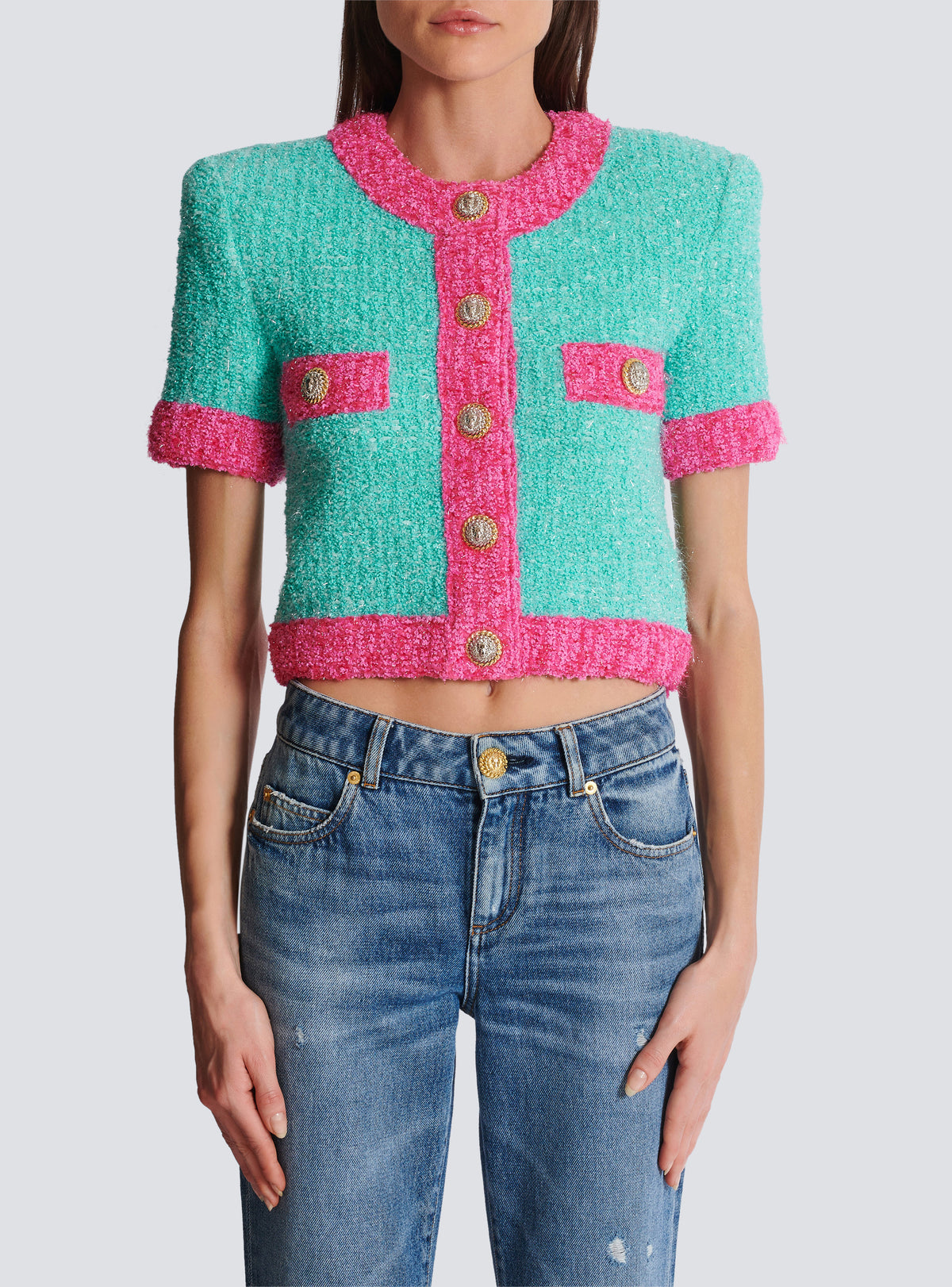 Cardigan court en maille bicolore - Multicolore