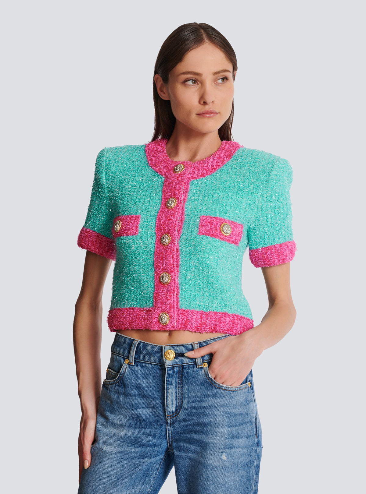 Cardigan court en maille bicolore - Multicolore