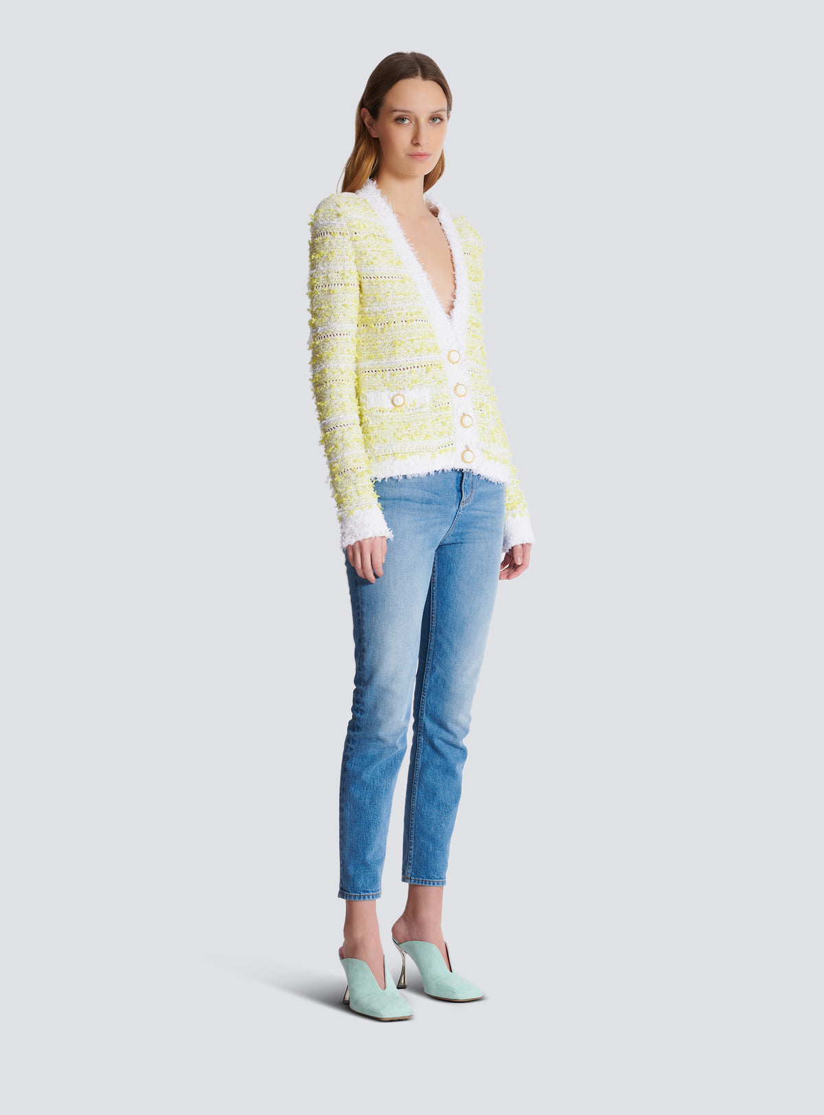 Cardigan court en maille - Blanc & Jaune Citron