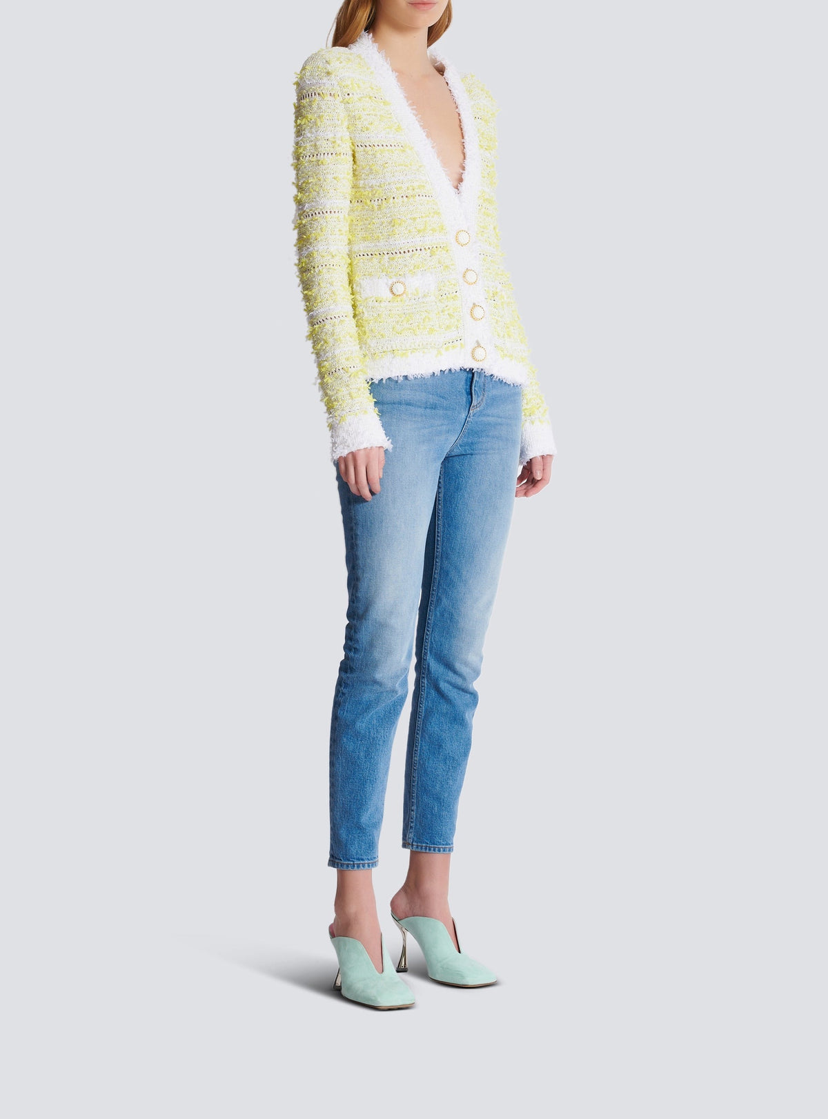 Cardigan court en maille - Blanc & Jaune Citron