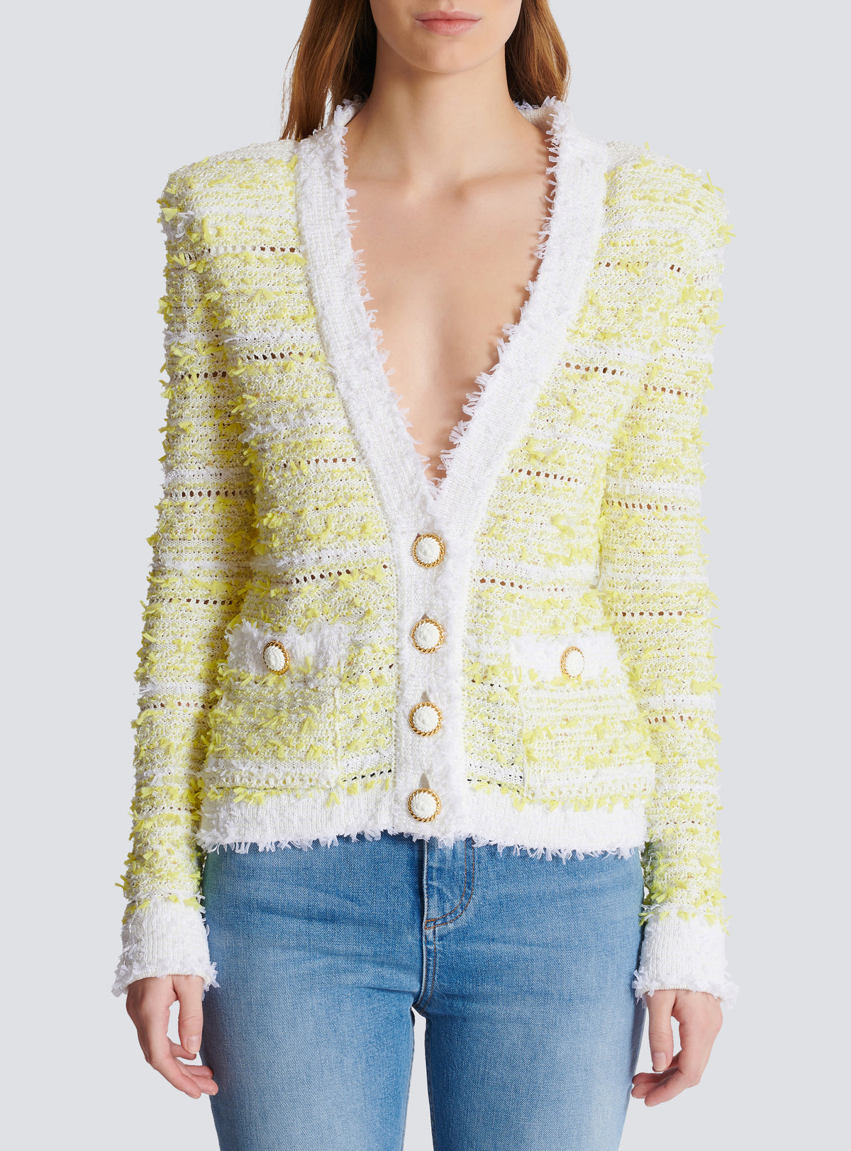 Cardigan court en maille - Blanc & Jaune Citron