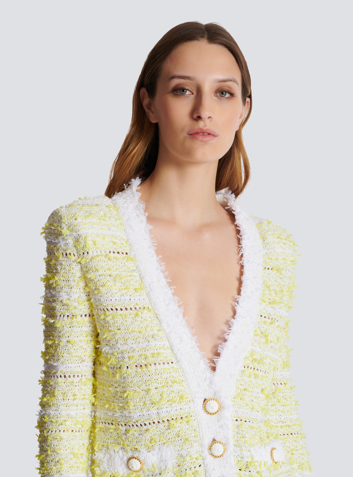 Cardigan court en maille - Blanc & Jaune Citron