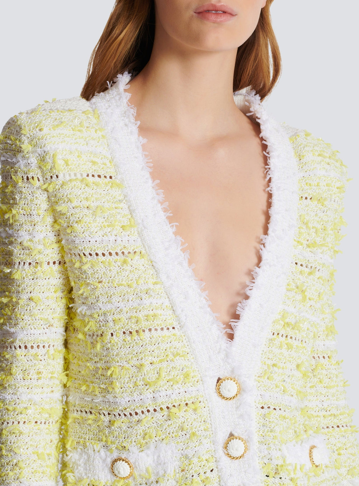 Cardigan court en maille - Blanc & Jaune Citron