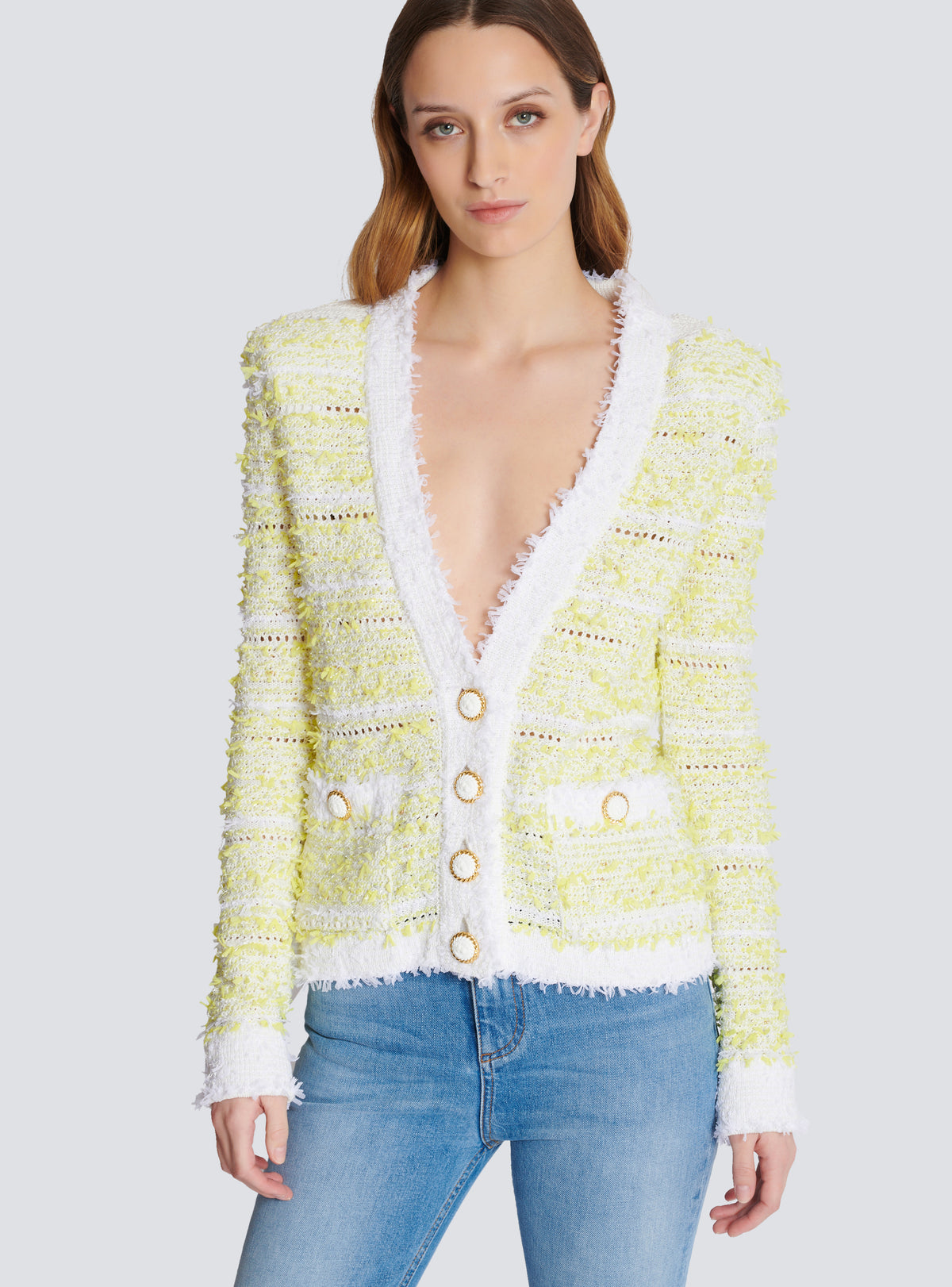 Cardigan court en maille - Blanc & Jaune Citron