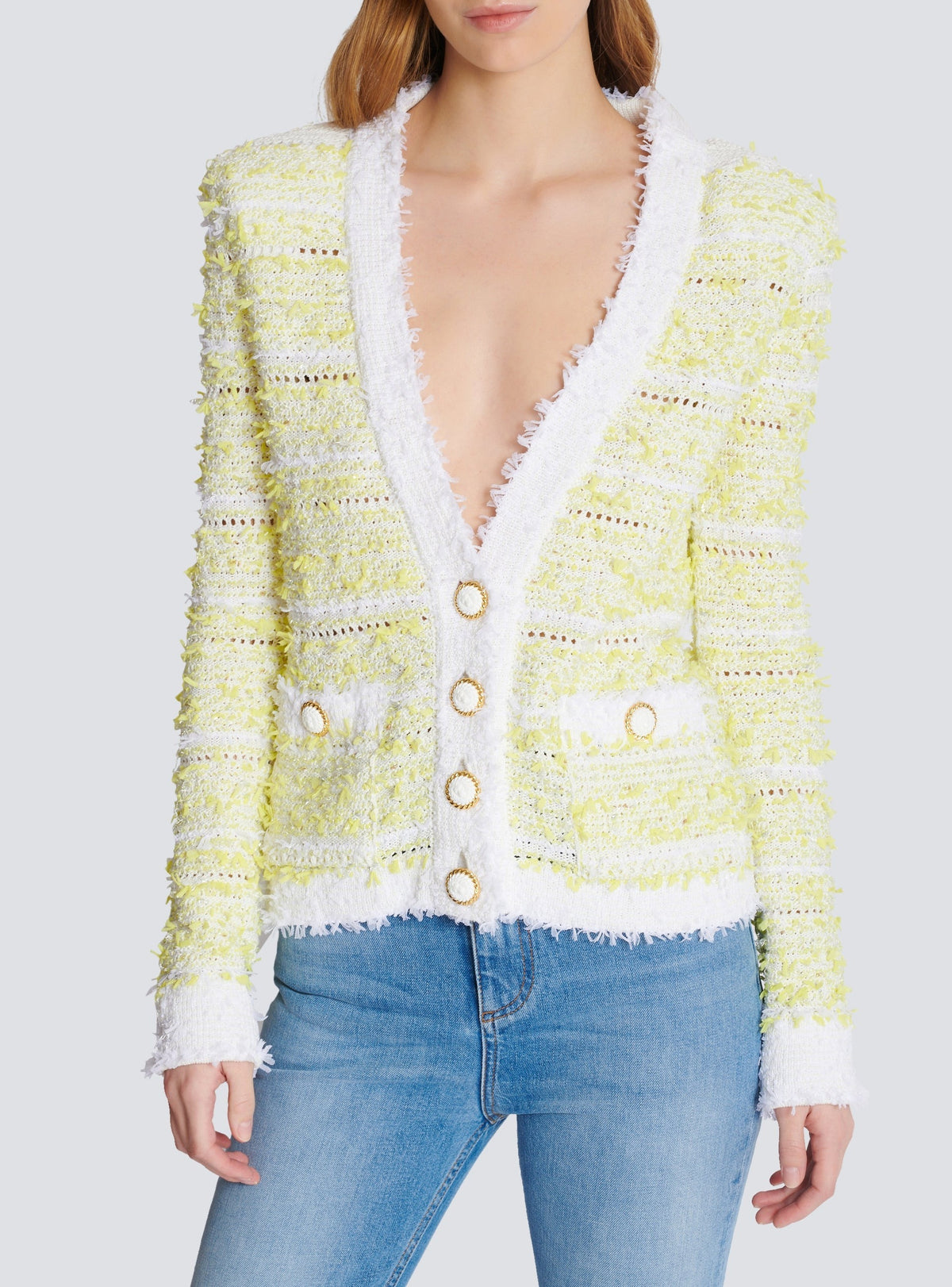 Cardigan court en maille - Blanc & Jaune Citron