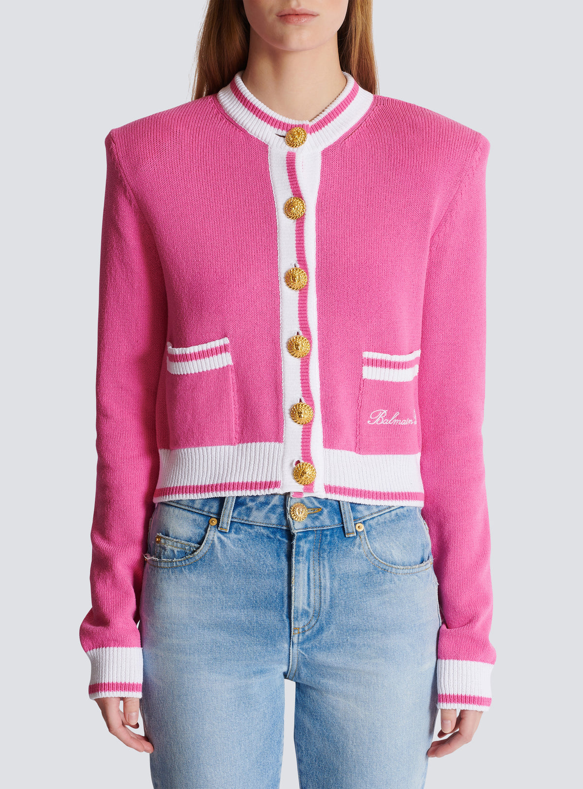 Cardigan en maille balmain signature - Rose & Blanc