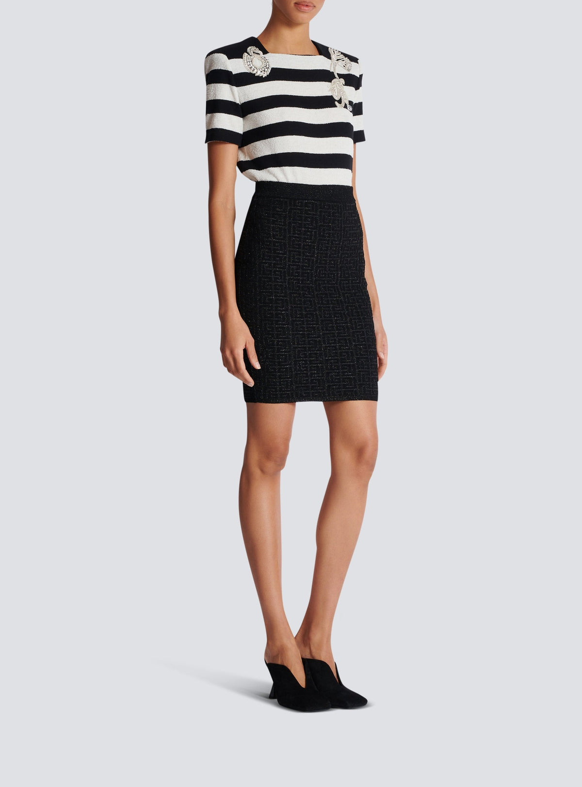Jupe midi en maille monogramme - Noir & Argent