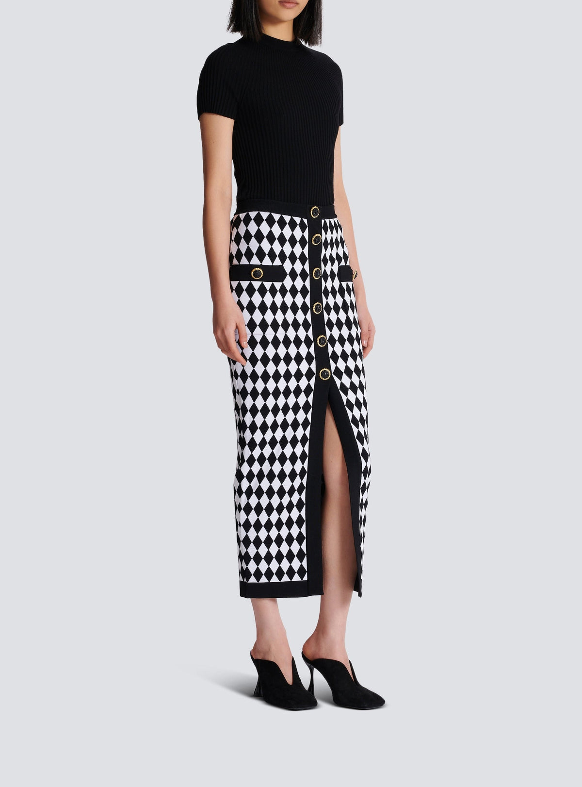 Diamond jacquard midi skirt - Black & White