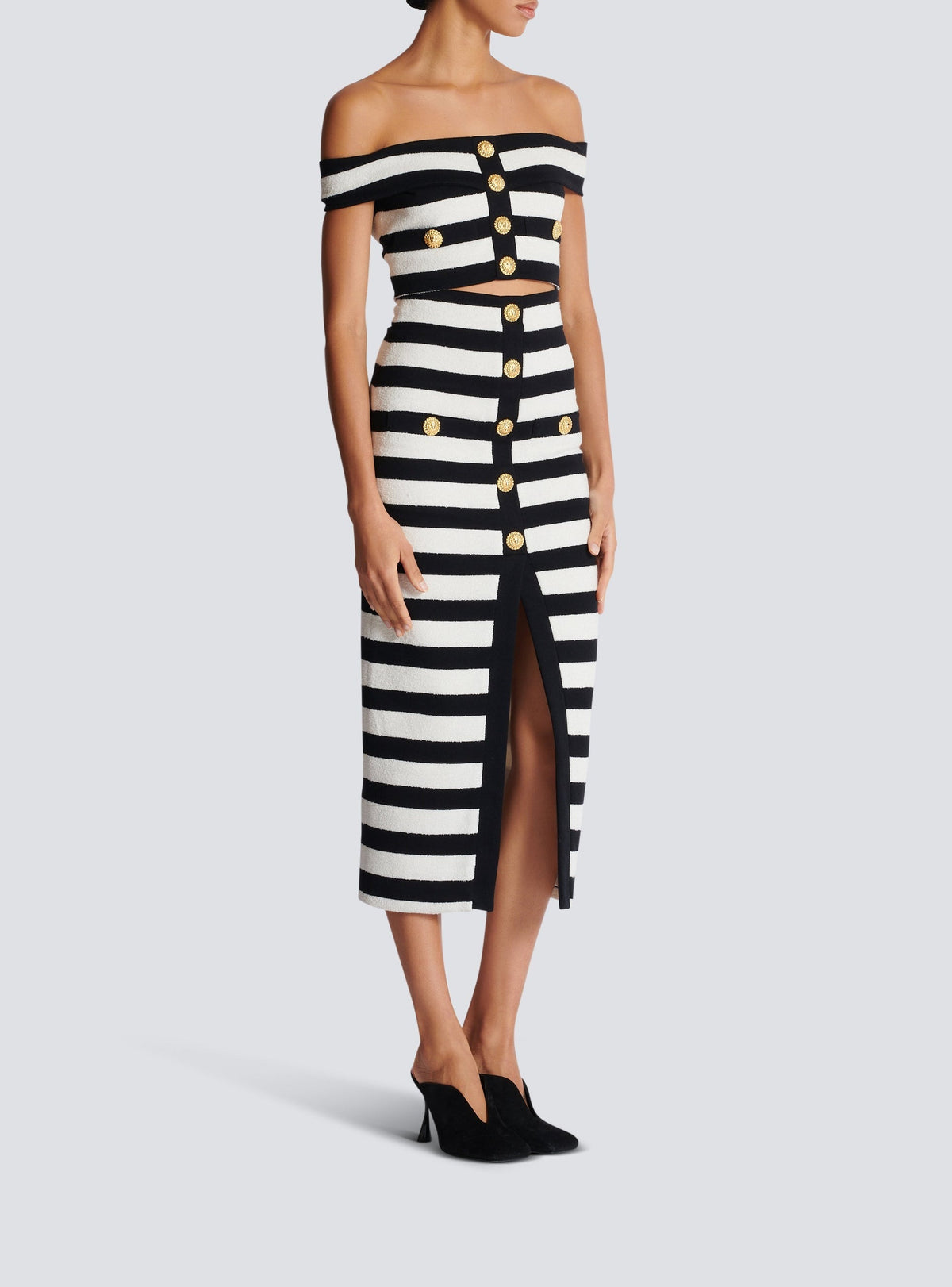 Two-tone knit midi skirt with buttons - Black & White