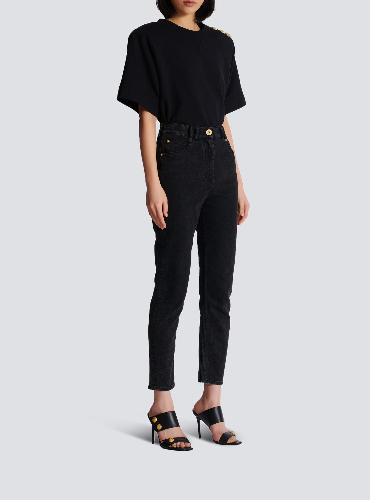 Pantalon taille haute en denim - Noir Délavé