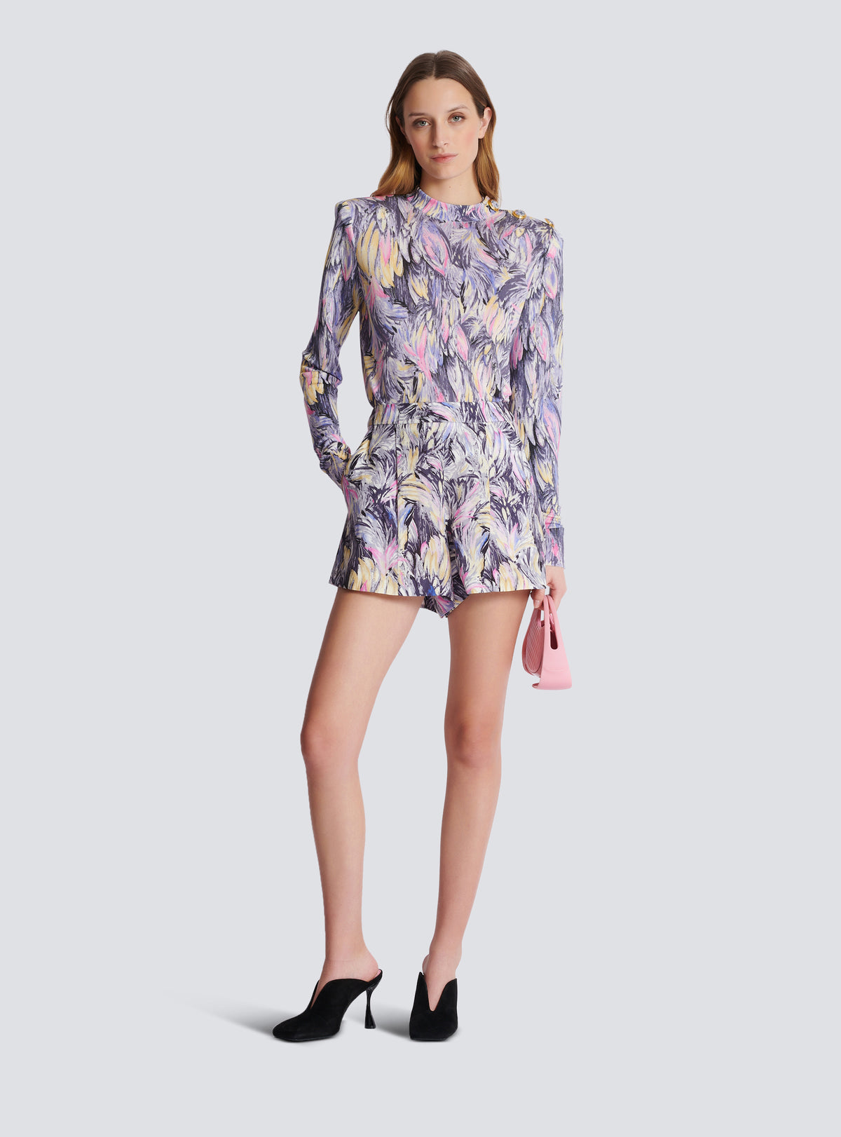 Short à imprimé plume - Gris Clair &  Multicolore