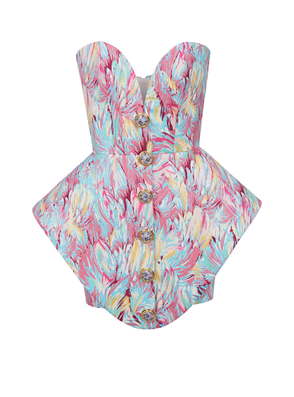 Robe bustier imprimée plumes à basque - Multico Pastel