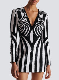 Robe courte rayée brodée - Noir & Blanc