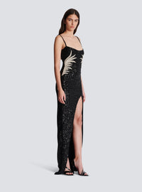 Robe longue en sequins brodés palmier - Noir & Cristal