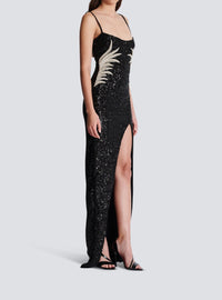 Long dress with palm tree embroidered sequins - Black & Crystal
