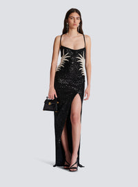 Robe longue en sequins brodés palmier - Noir & Cristal