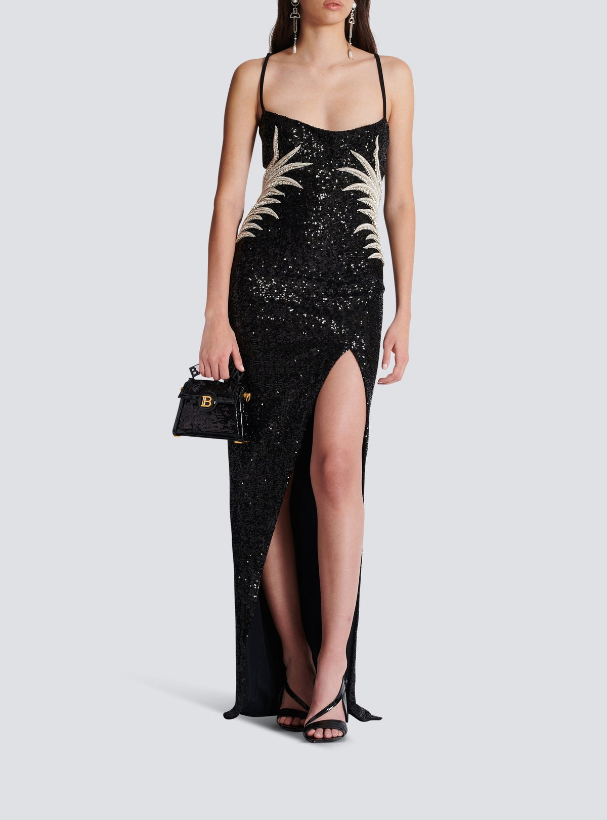 Long dress with palm tree embroidered sequins - Black & Crystal