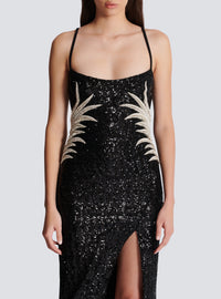 Robe longue en sequins brodés palmier - Noir & Cristal