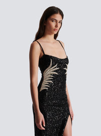 Robe longue en sequins brodés palmier - Noir & Cristal