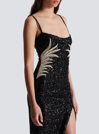 Long dress with palm tree embroidered sequins - Black & Crystal