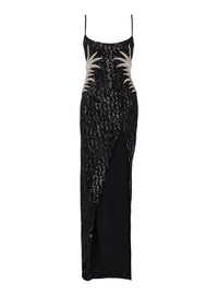 Long dress with palm tree embroidered sequins - Black & Crystal