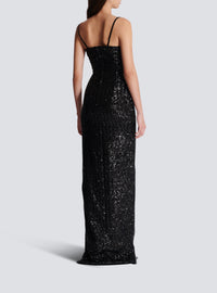Long dress with palm tree embroidered sequins - Black & Crystal