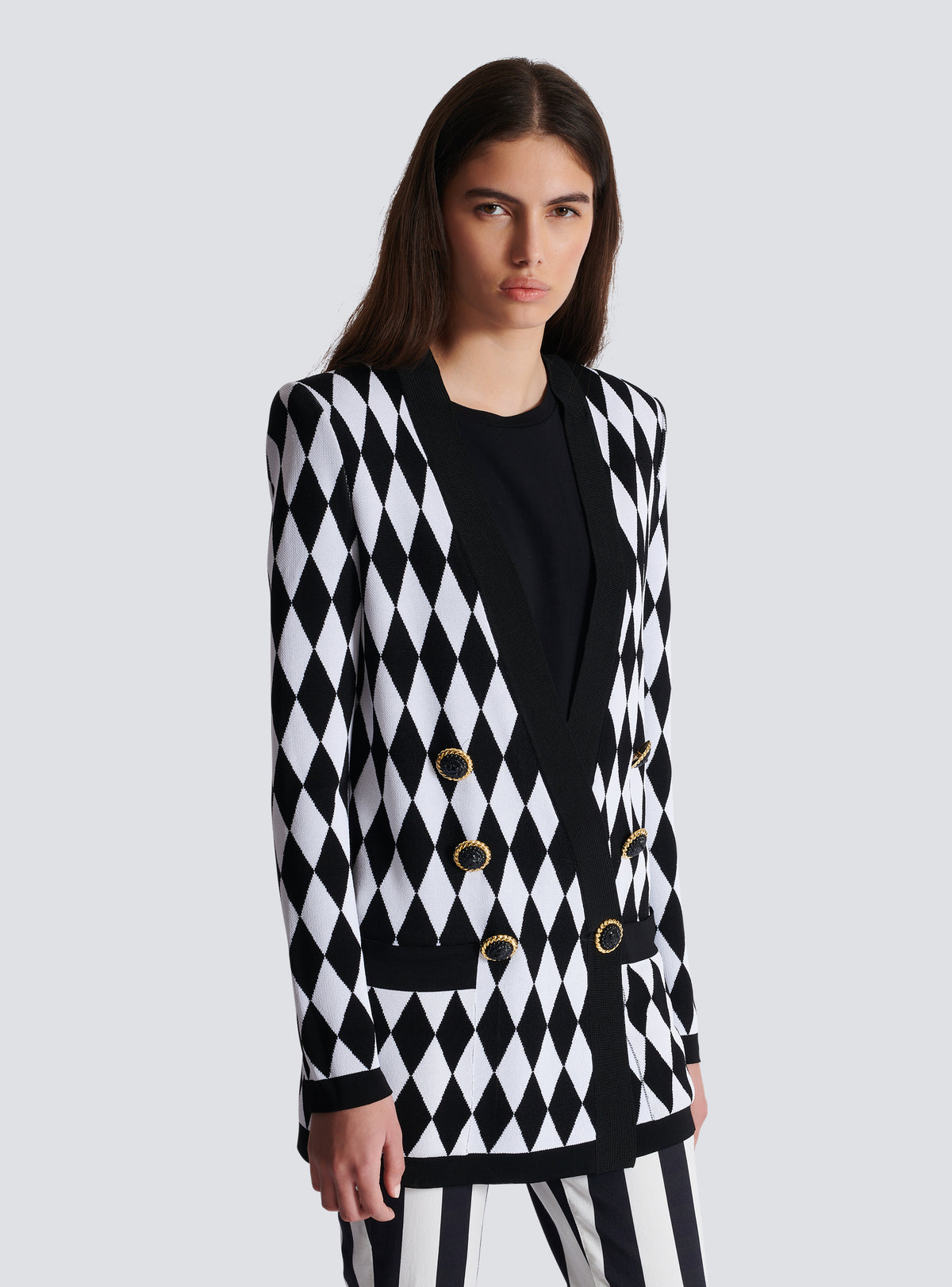Veste 6 boutons jacquard diamant - Noir & Blanc
