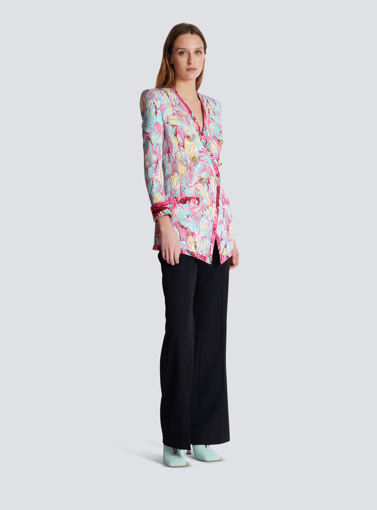 Veste longue 6 boutons imprimée plumes - Multicolore