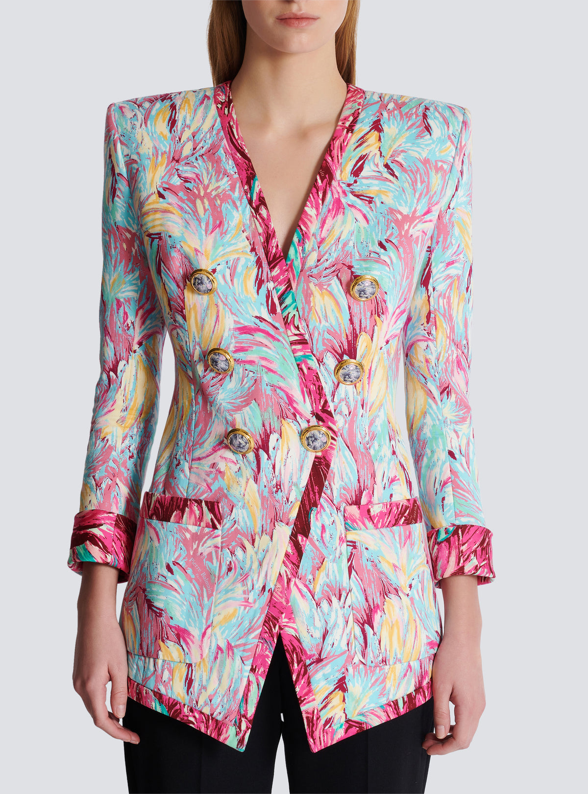 Veste longue 6 boutons imprimée plumes - Multicolore