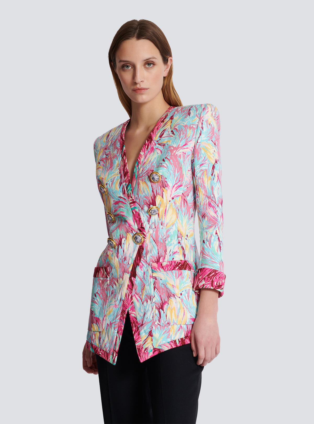 Veste longue 6 boutons imprimée plumes - Multicolore