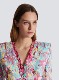 Veste longue 6 boutons imprimée plumes - Multicolore