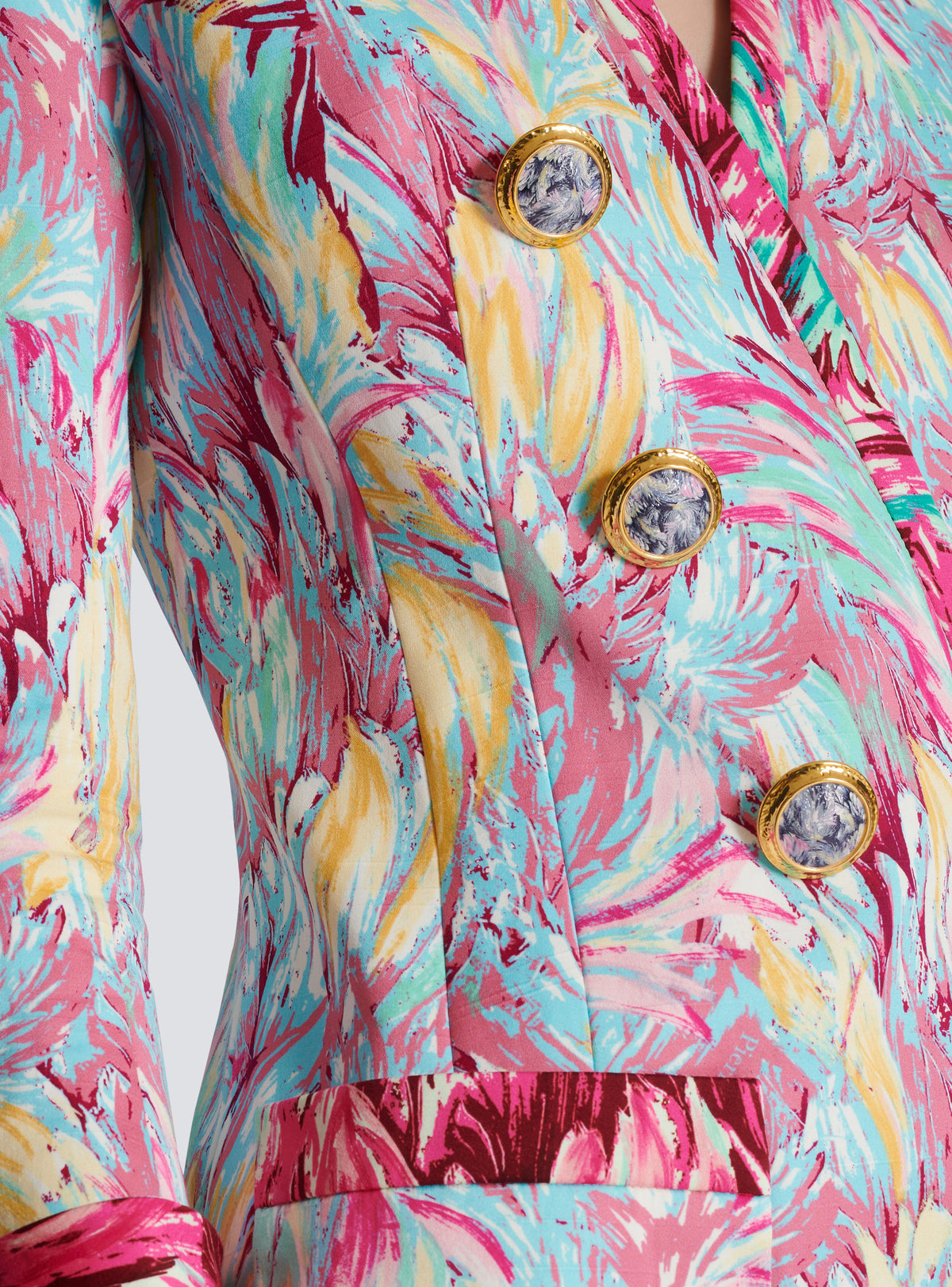 Veste longue 6 boutons imprimée plumes - Multicolore
