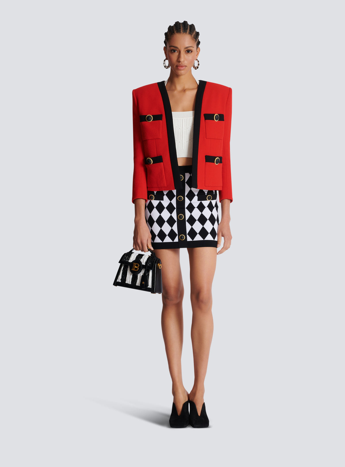 Veste double crêpe à col châle 4 poches - Noir & Rouge