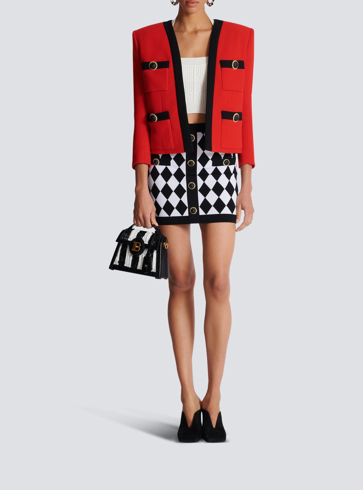 Wool shawl-collar jacket - Black & Red