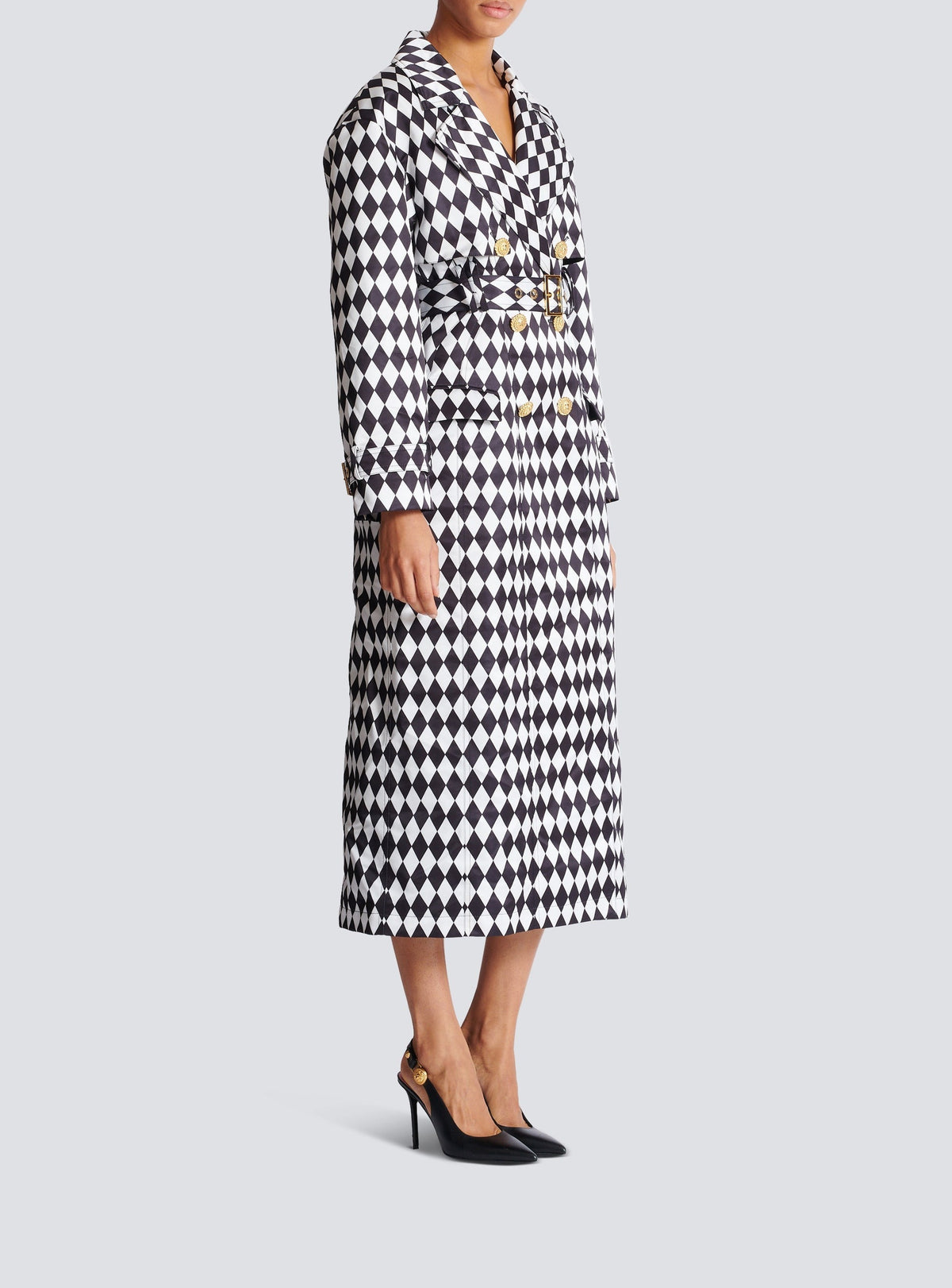 Belted diamond-print trench coat - White & Black