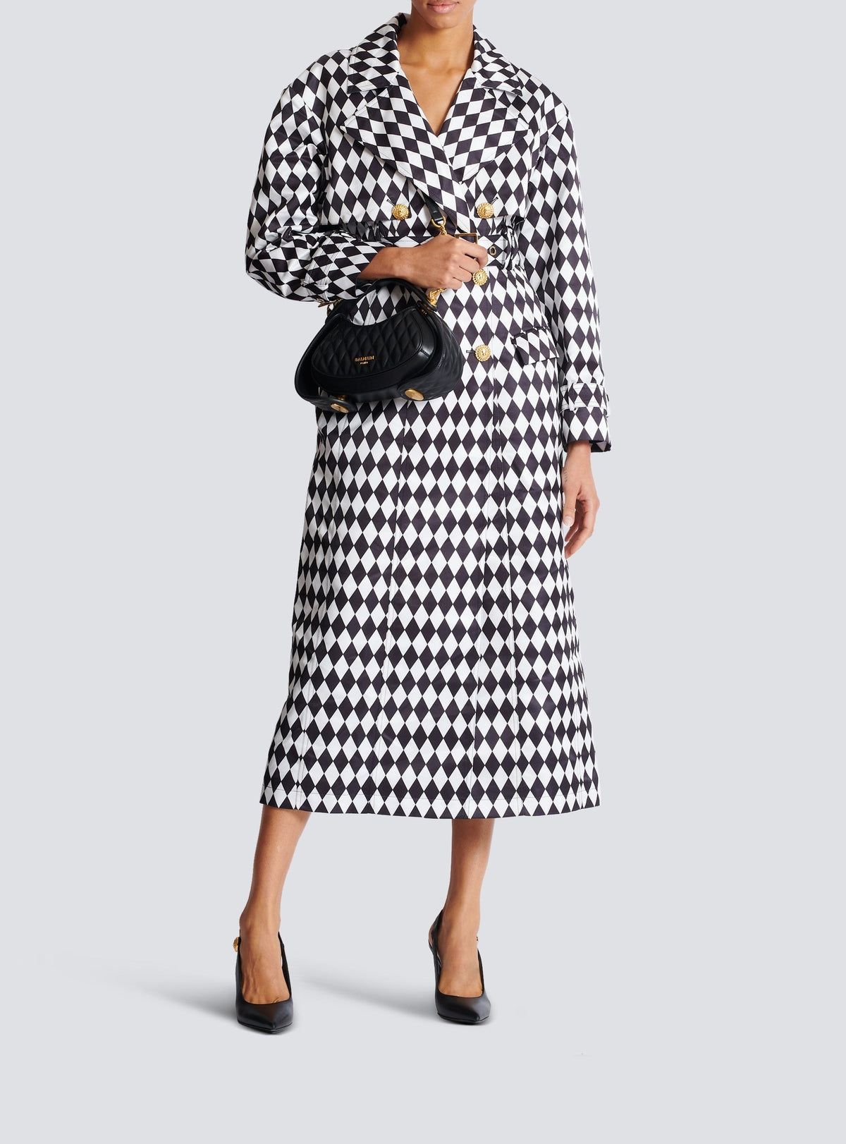 Belted diamond-print trench coat - White & Black