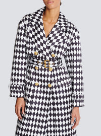 Belted diamond-print trench coat - White & Black