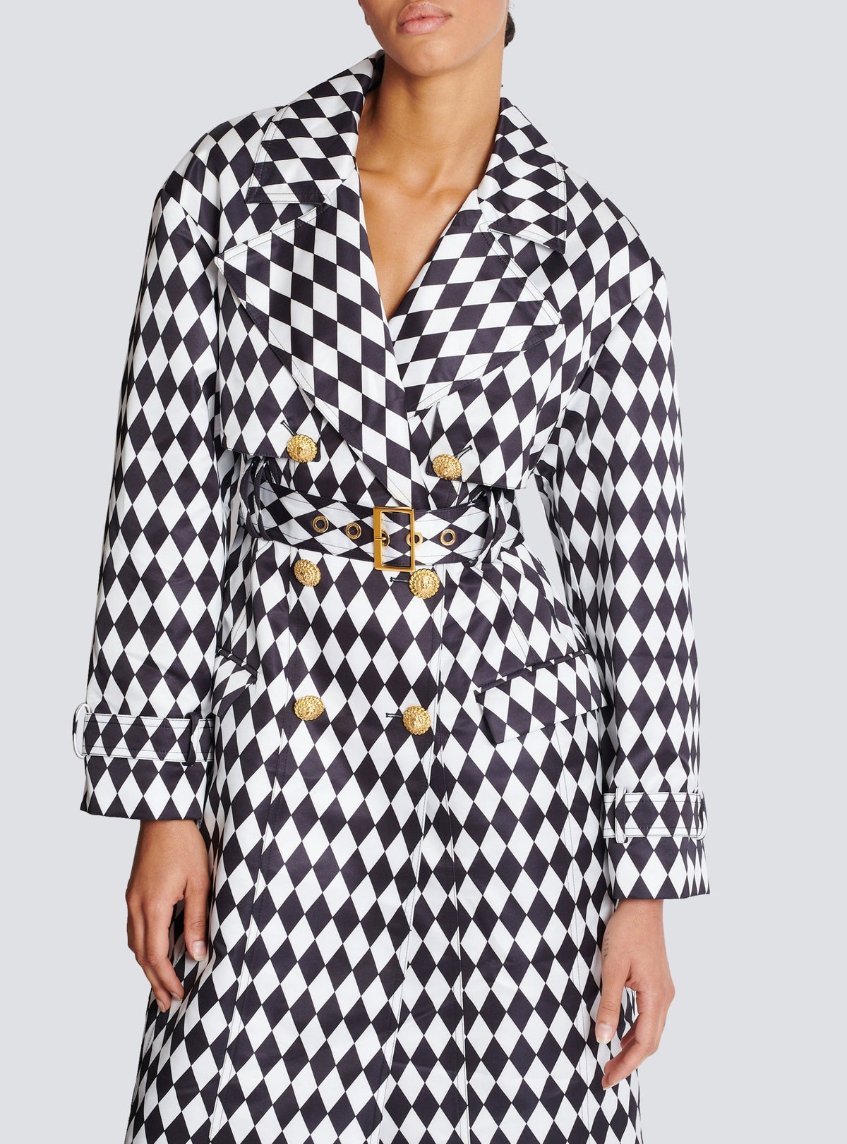 Belted diamond-print trench coat - White & Black