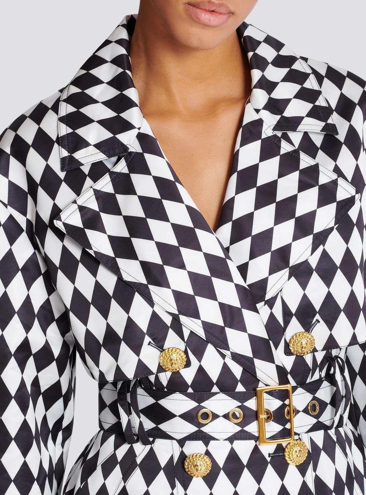 Belted diamond-print trench coat - White & Black