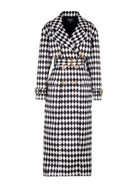 Belted diamond-print trench coat - White & Black
