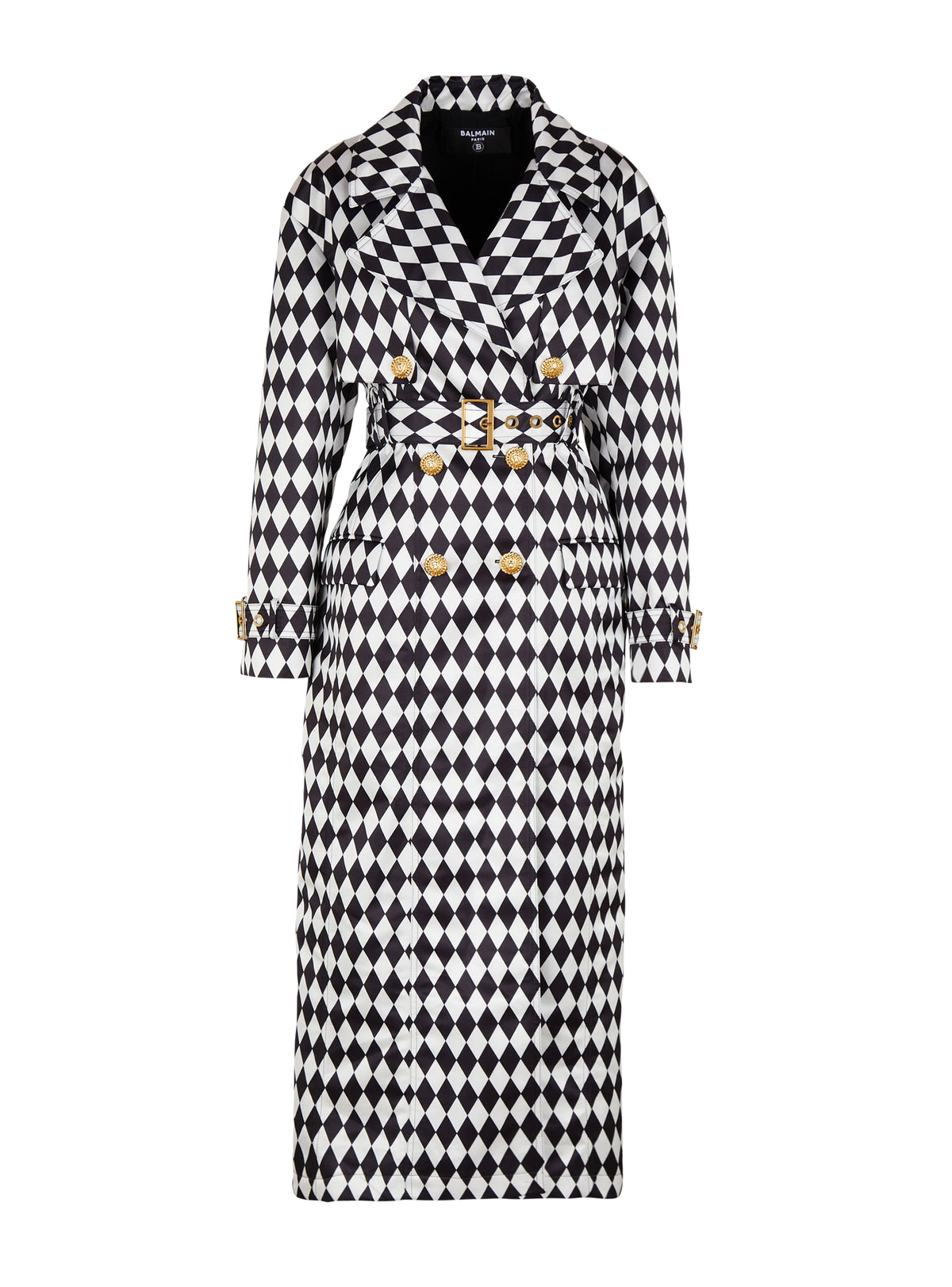 Belted diamond-print trench coat - White & Black