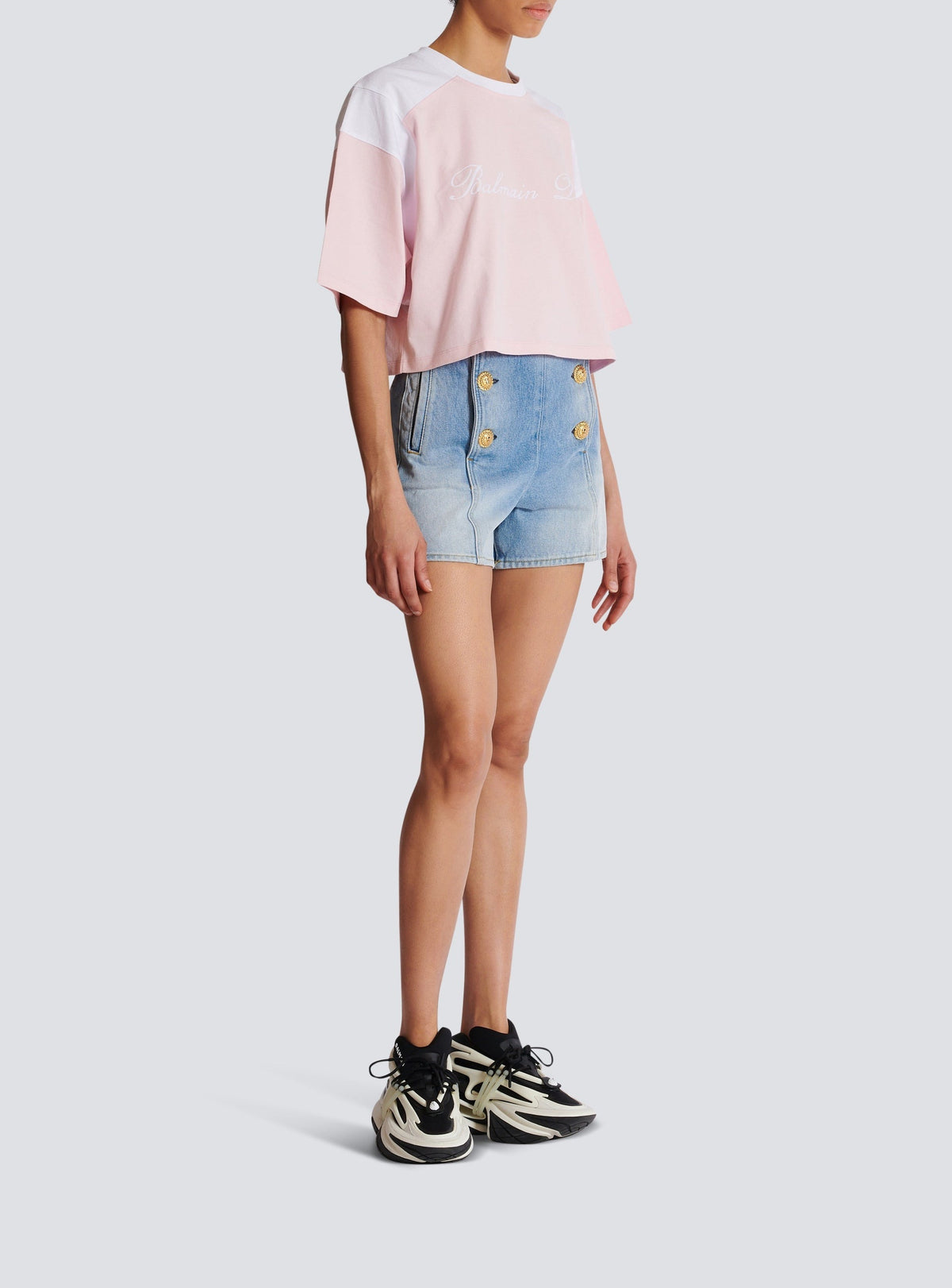 T-shirt bicolore à broderie - Rose Pâle & Blanc