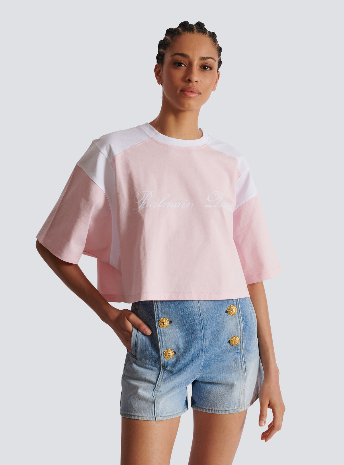 T-shirt bicolore avec broderie balmain signature - Rose Pâle & Blanc