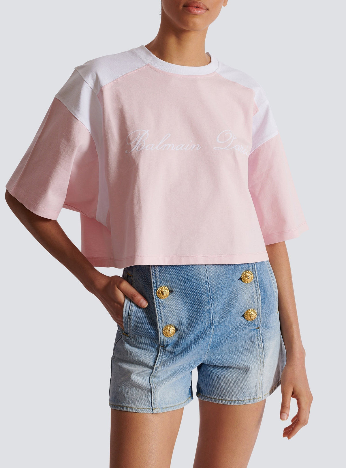 T-shirt bicolore à broderie - Rose Pâle & Blanc