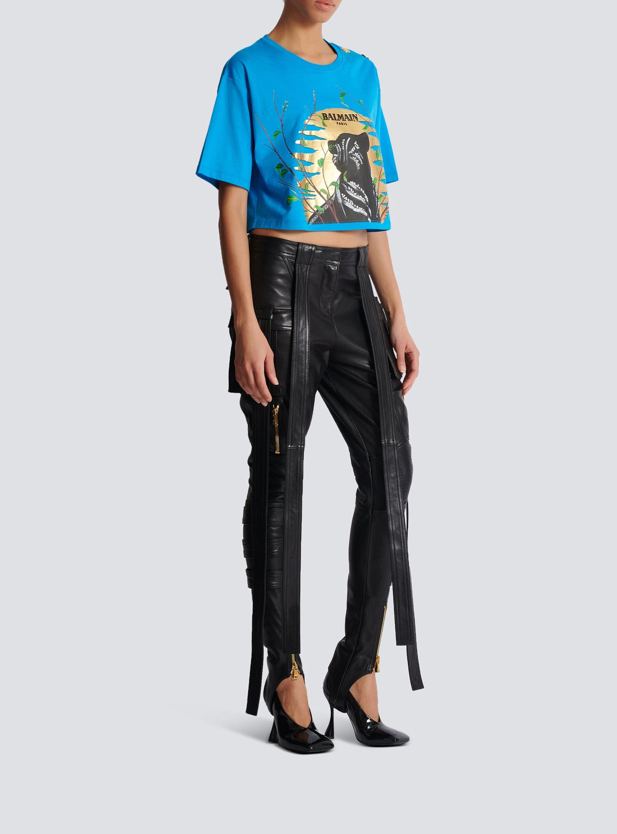 Pantalon cargo à sangles en cuir - Noir