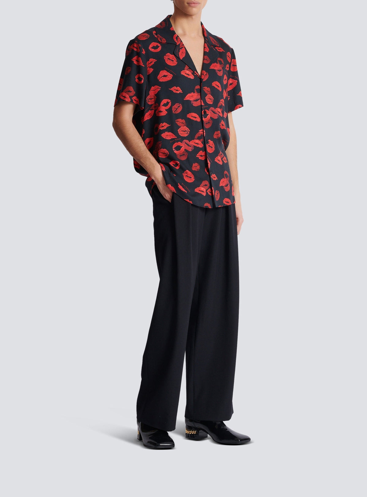 Chemise pyjama en twill imprimé kiss - Noir & Rouge Vif