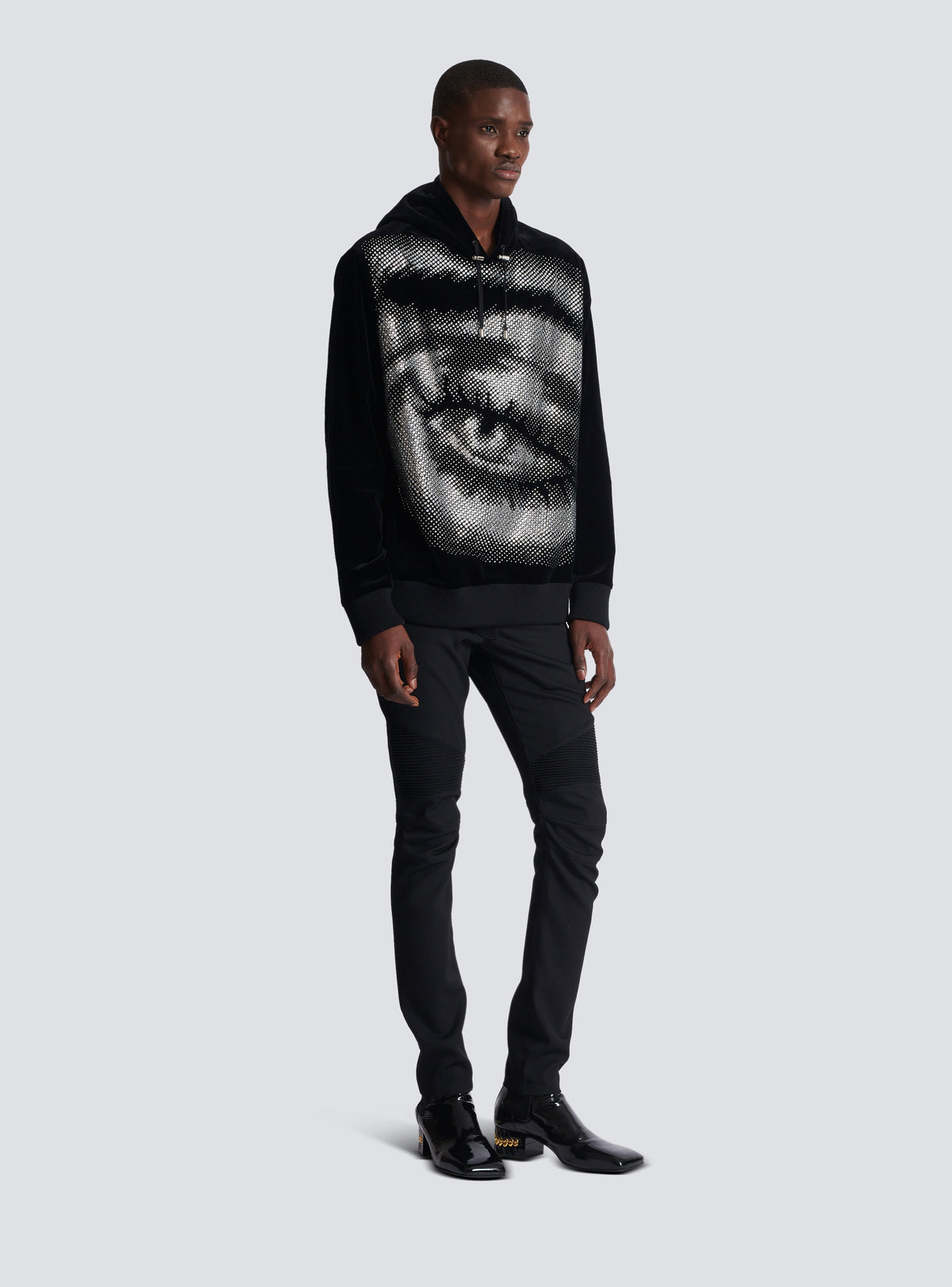 Hoodie balmain en velours et strass en motif eye - Noir & Cristal