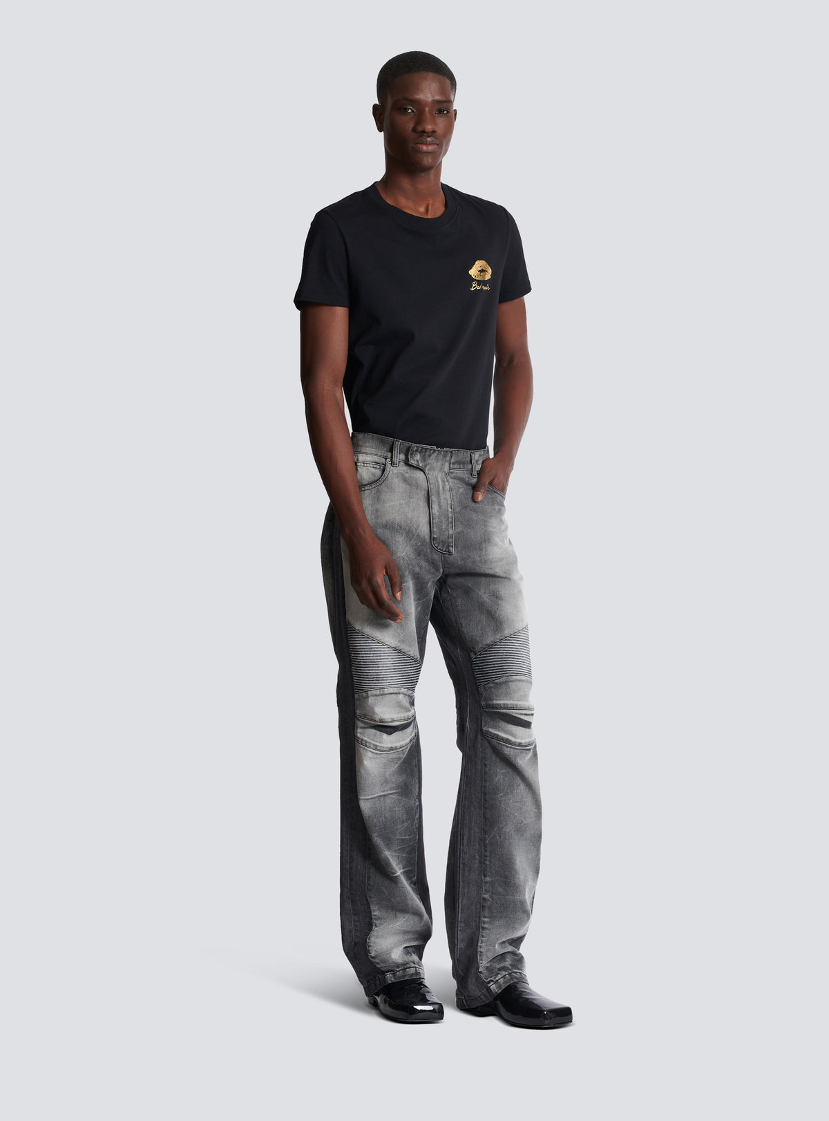 Jean biker loose en denim - Gris Clair Délavé &  Noir Délavé