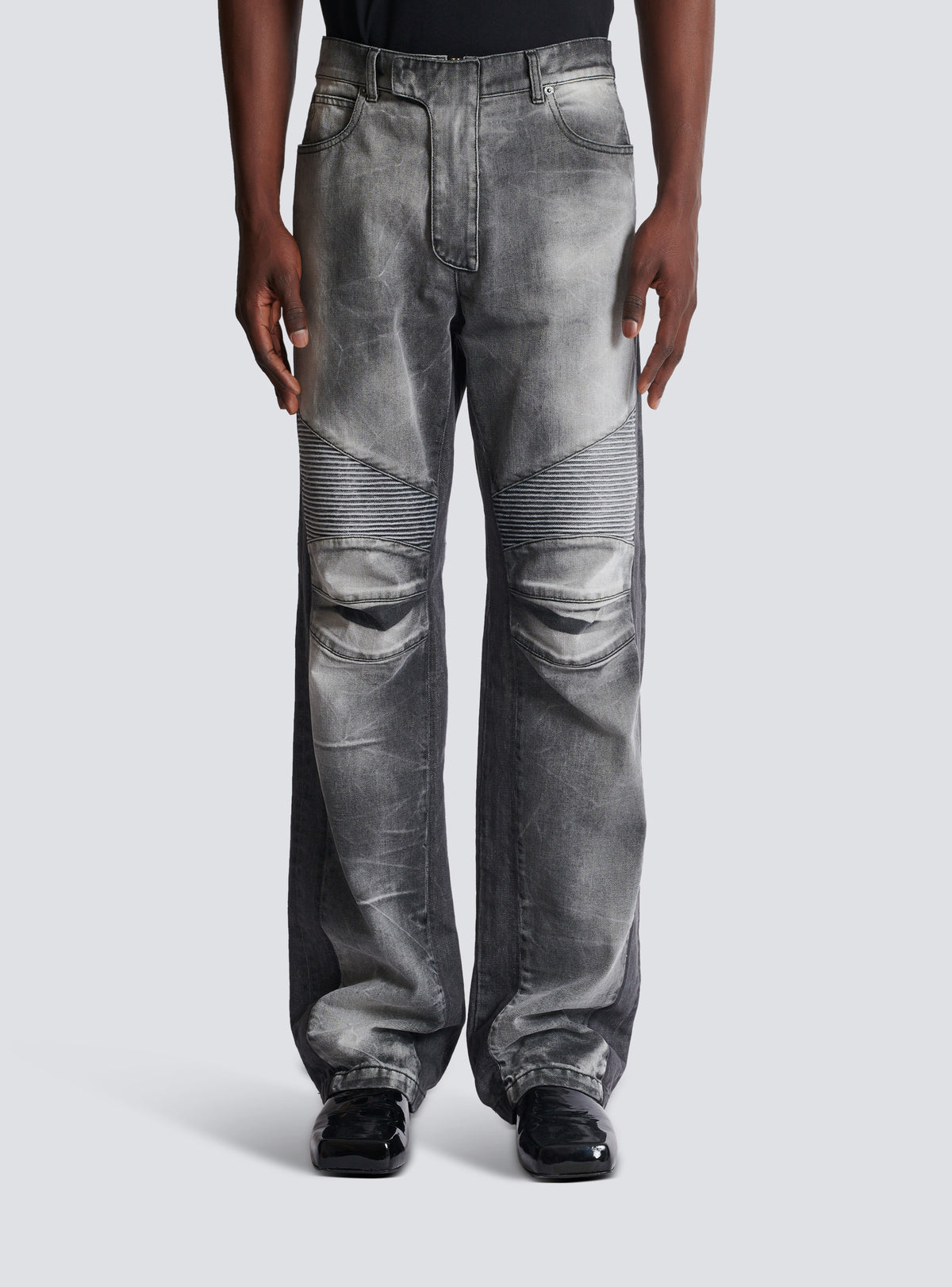 Jean biker loose en denim - Gris Clair Délavé &  Noir Délavé