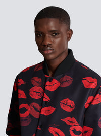 Bomber réversible en nylon uni et imprimé kiss - Noir & Rouge Vif
